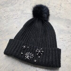 Victoria's Secret Black Beanie Pom Pom Snowflake Rhinestone Knit Hat Winter Warm